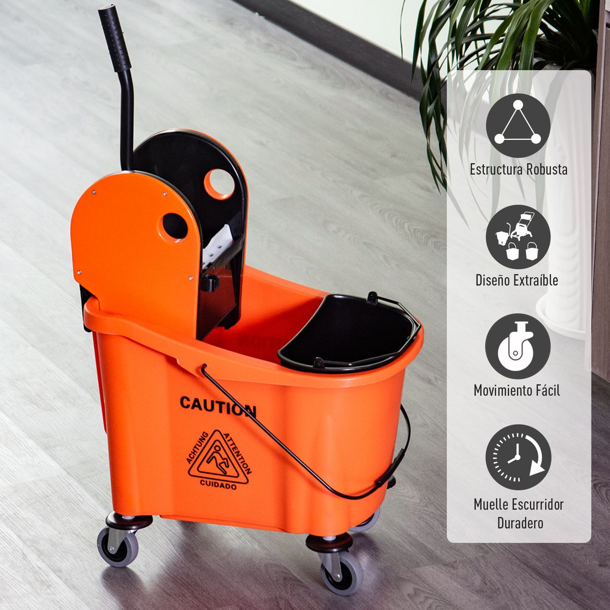 Cubo de fregona Homcom 36L escurridor de presión con ruedas naranja 91,5x54x41 cm