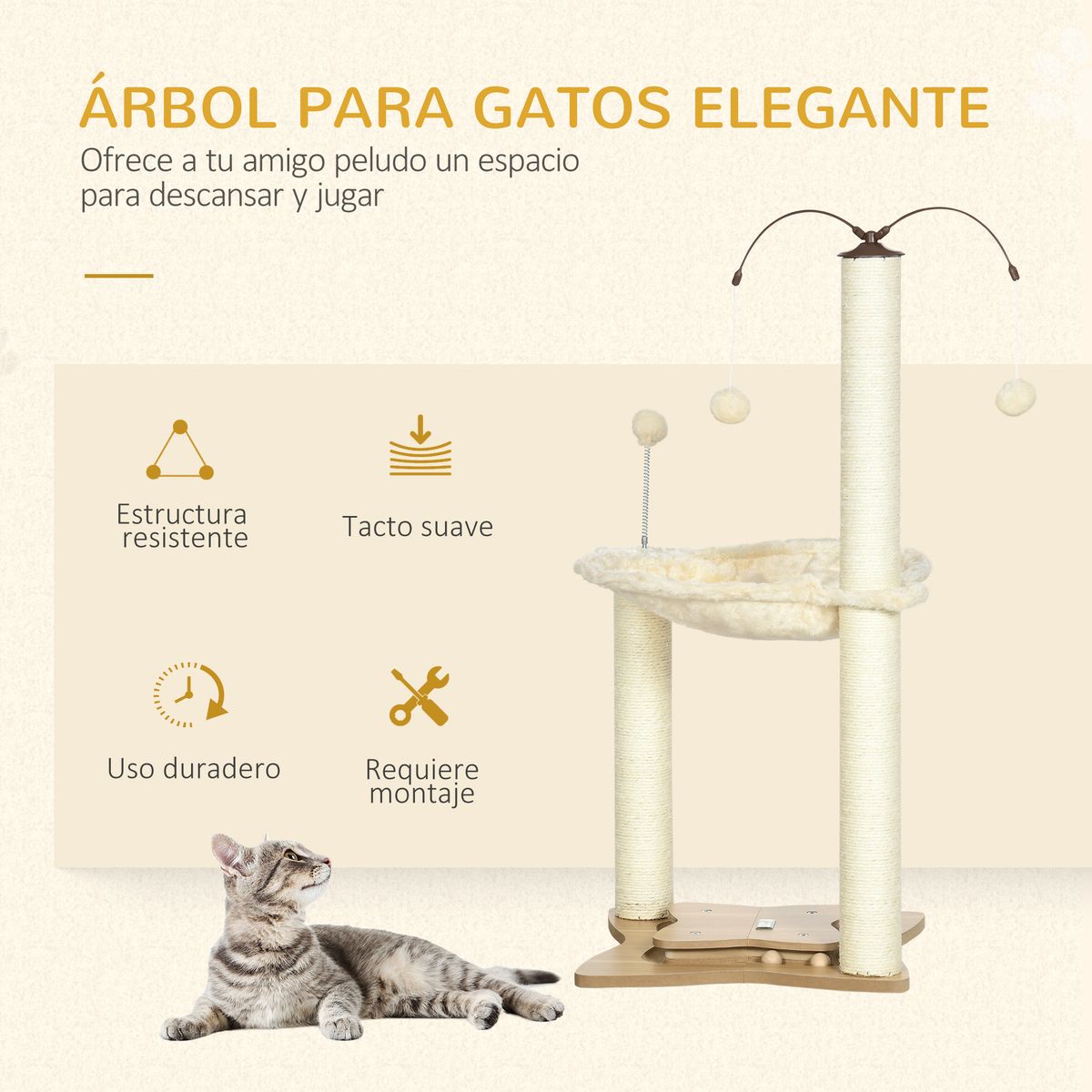 Árbol rascador Abispa PawHut con bolas + hamaca beige 90x53,5x53,5 cm web