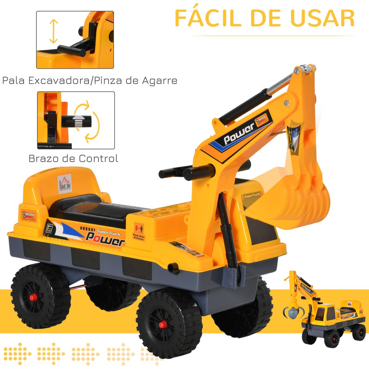 Tractor correpasillos Power Homcom con luces + música 2-3 años amarillo 58x90x28 cm