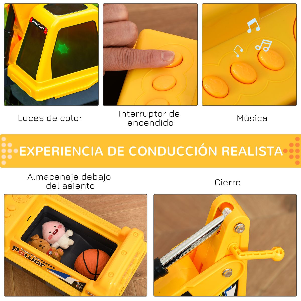 Tractor correpasillos Power Homcom con luces + música 2-3 años amarillo 58x90x28 cm