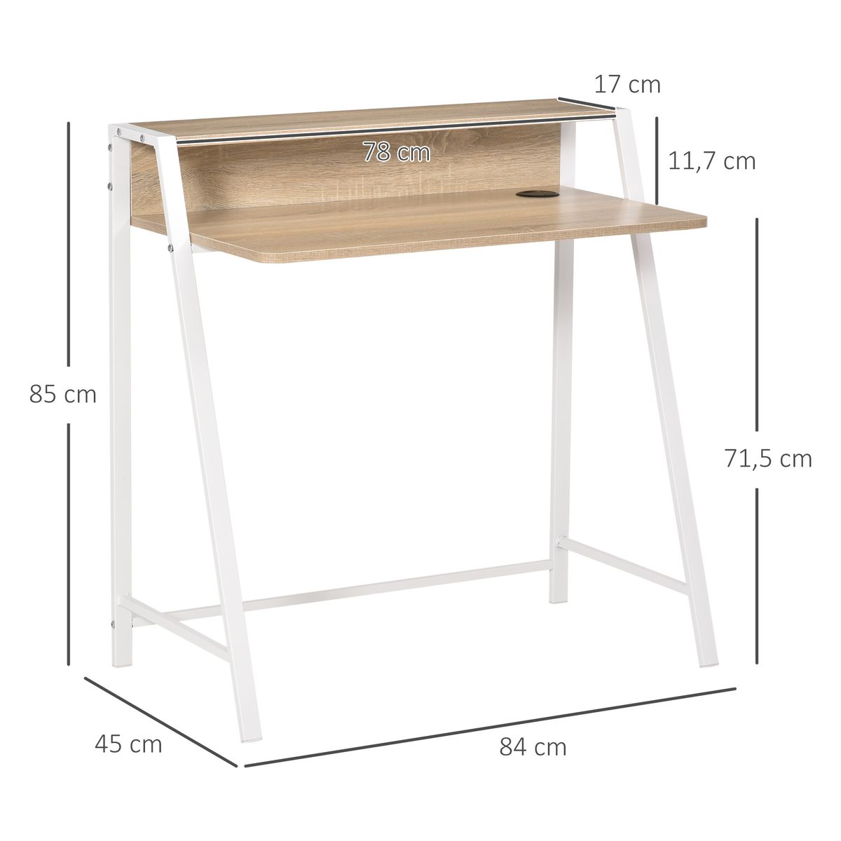 Escritorio Lirio Homcom con orificio para cables roble 85x84x45 cm medidas