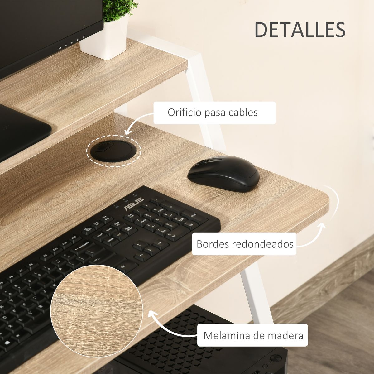 Escritorio Lirio Homcom con orificio para cables roble 85x84x45 cm