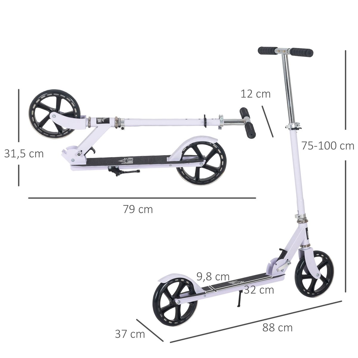 Patinete scooter Homcom plegable altura ajustable blanco 75-100x88x37 cm medidas