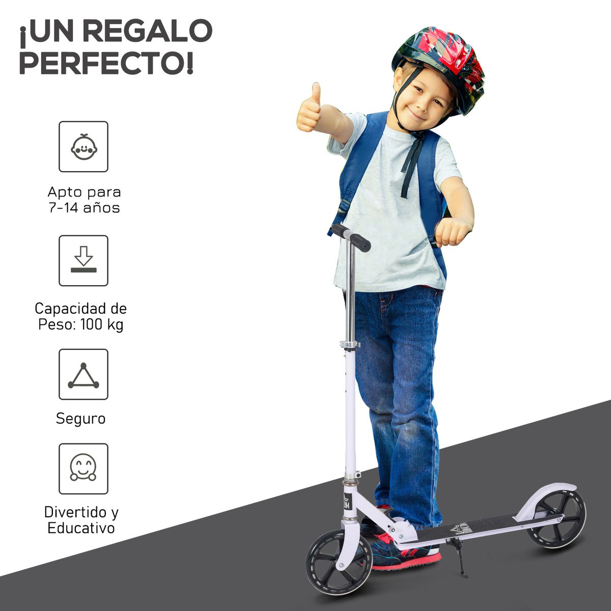 Patinete scooter Homcom plegable altura ajustable blanco 75-100x88x37 cm