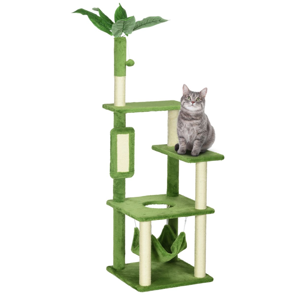 Árbol rascador Tortuga PawHut hamaca + plataforma + rascador + bola verde 142x49x49 cm fondo blanco