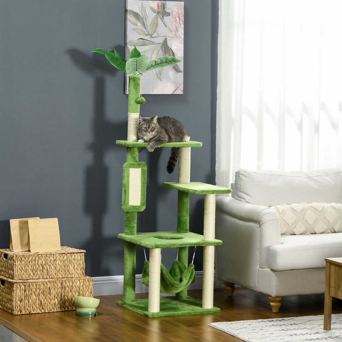Árbol rascador Tortuga PawHut hamaca + plataforma + rascador + bola verde 142x49x49 cm animada
