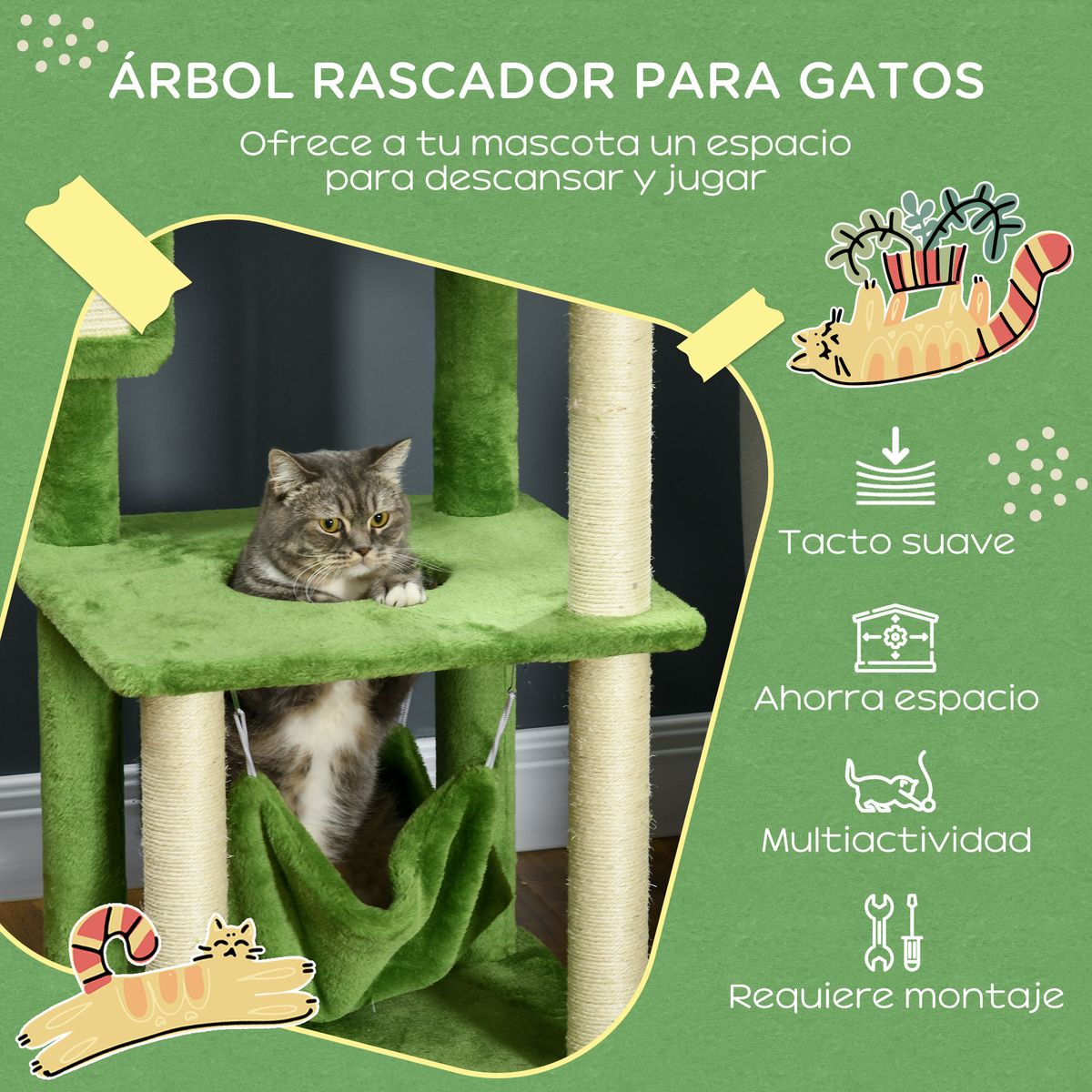 Árbol rascador Tortuga PawHut hamaca + plataforma + rascador + bola verde 142x49x49 cm