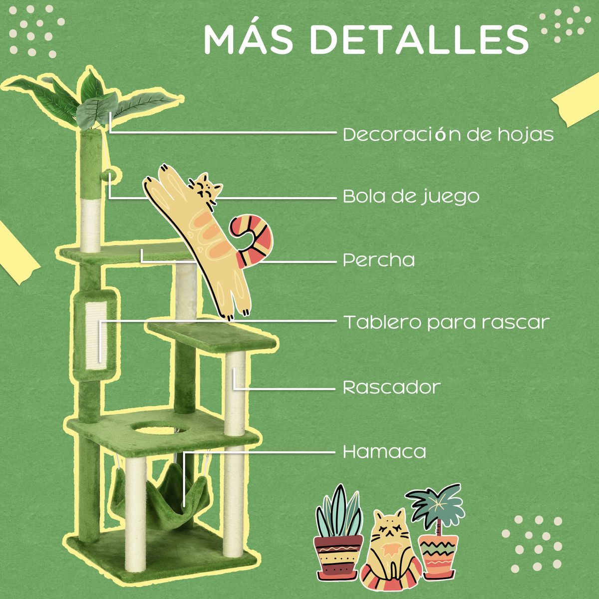 Árbol rascador Tortuga PawHut hamaca + plataforma + rascador + bola verde 142x49x49 cm