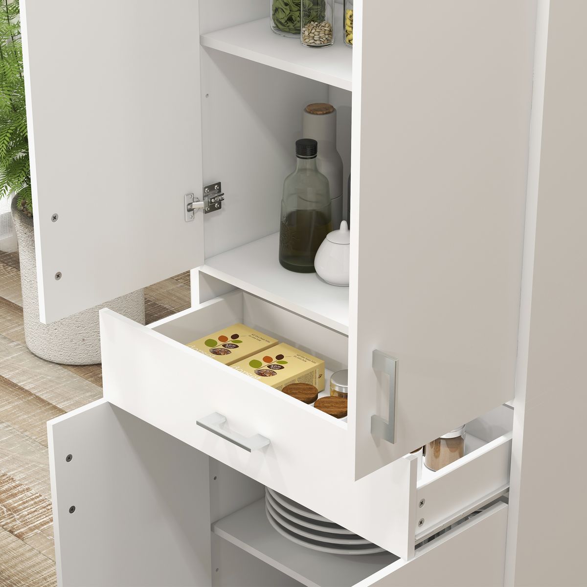 Aparador Mouse Homcom 4 puertas + 1 cajón blanco 180x70,8x34 cm detalle