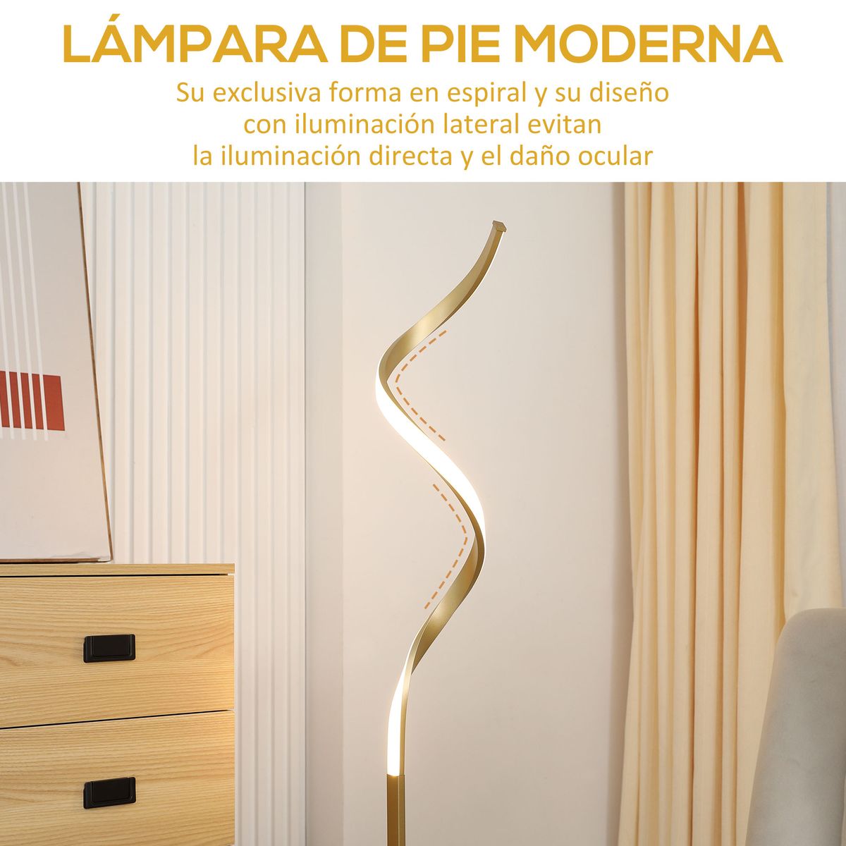 Lámpara de pie Curly Homcom luces LED dorado 147x20,5x20,5 cm web