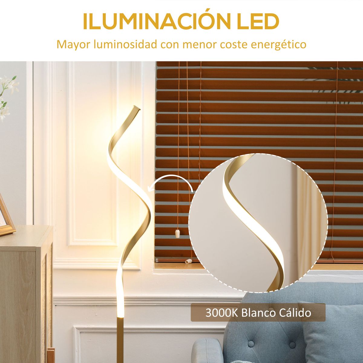 Lámpara de pie Curly Homcom luces LED dorado 147x20,5x20,5 cm detalles