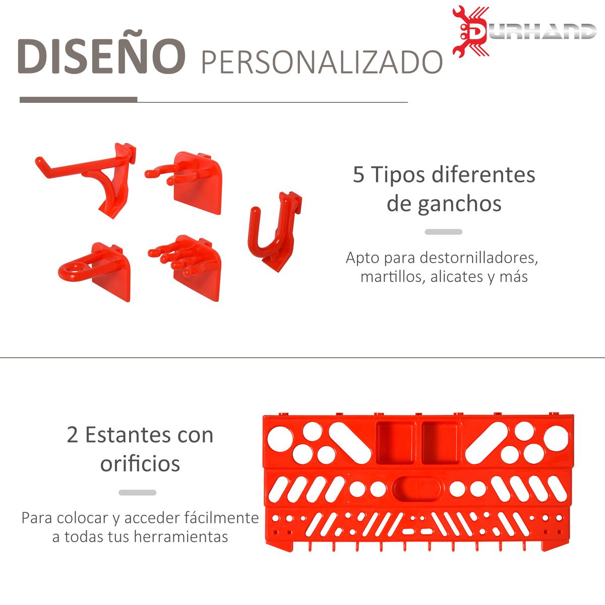 Estantería para herramientas Durhand 54 piezas + 50 ganchos rojo/gris 53,5x95,5x23 cm web