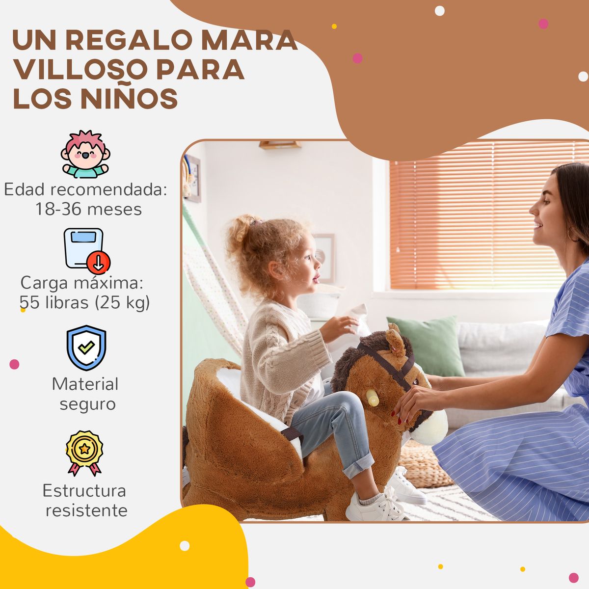 Caballo balancín Aiyaplay con asas + cinturón 18-36 meses marrón 45x68x33 cm