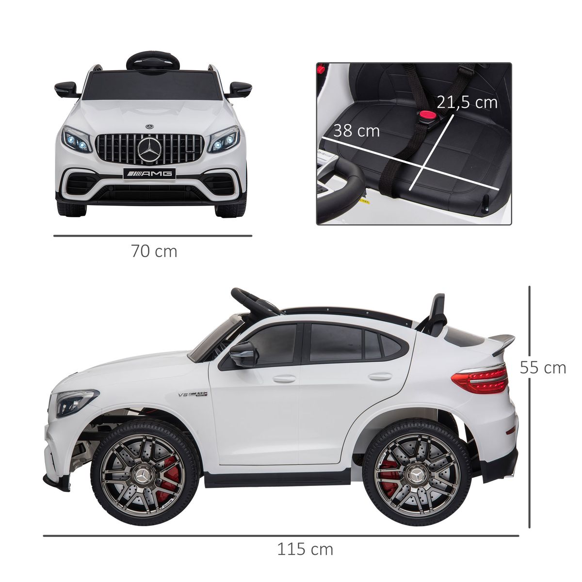 Cochecito eléctrico Mercedes AMG Homcom con mando +3A blanco 55x115x70 cm medidas