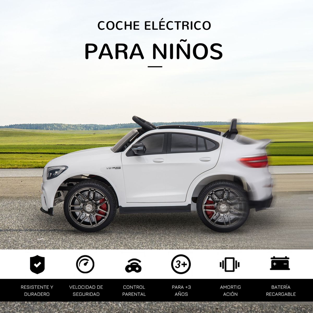Cochecito eléctrico Mercedes AMG Homcom con mando +3A blanco 55x115x70 cm