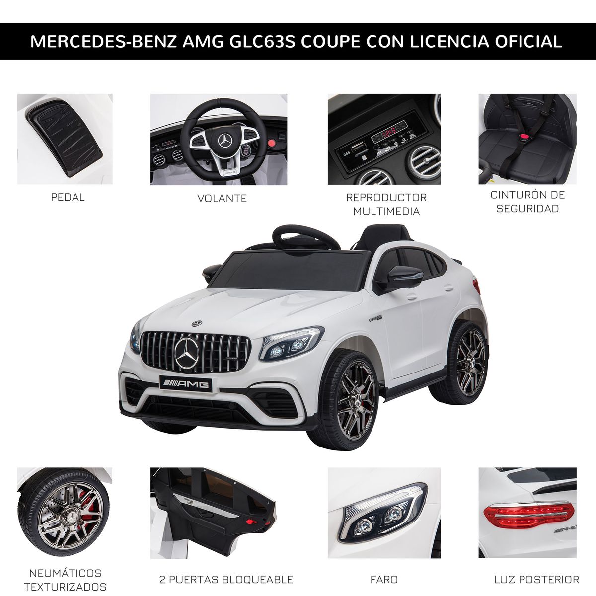 Cochecito eléctrico Mercedes AMG Homcom con mando +3A blanco 55x115x70 cm