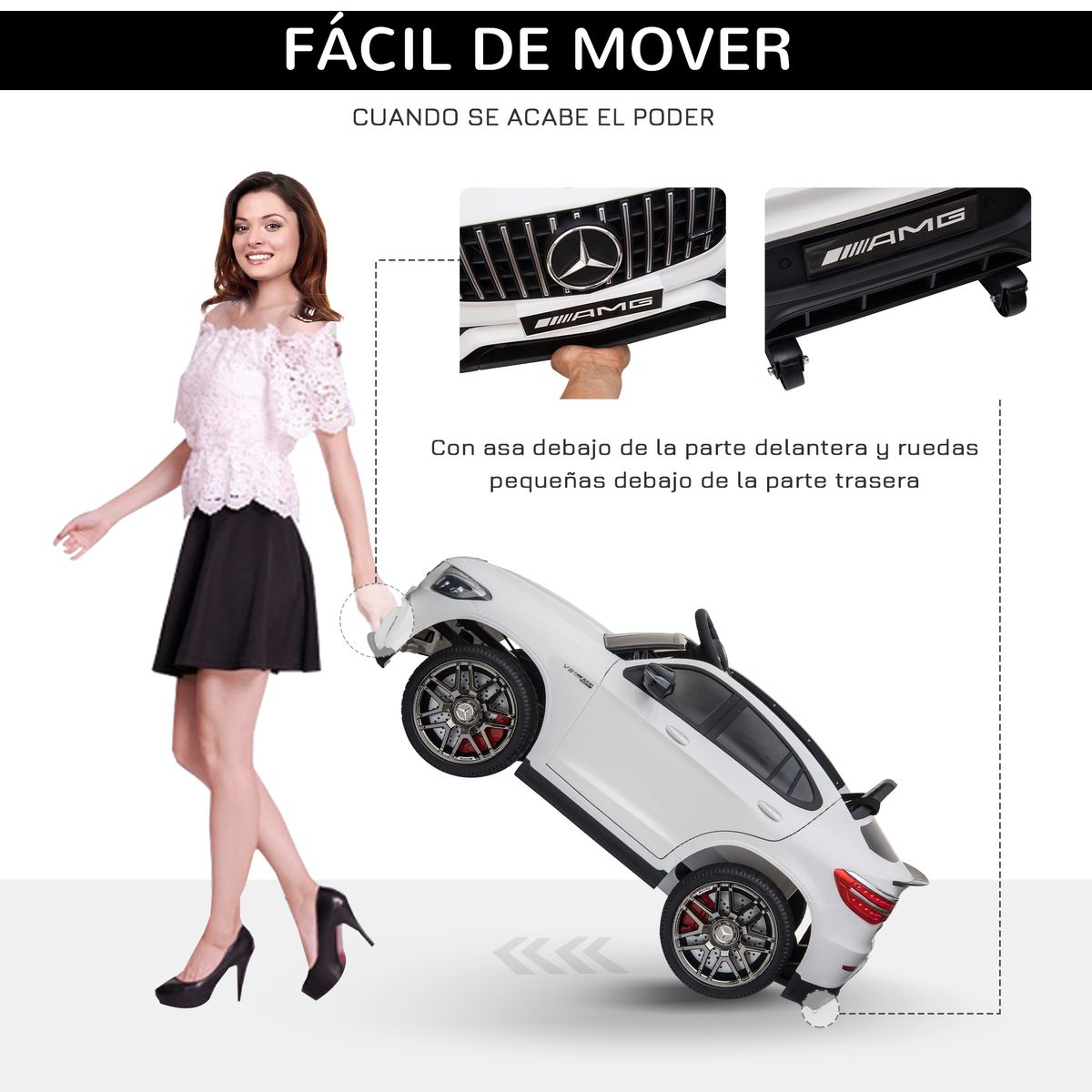 Cochecito eléctrico Mercedes AMG Homcom con mando +3A blanco 55x115x70 cm