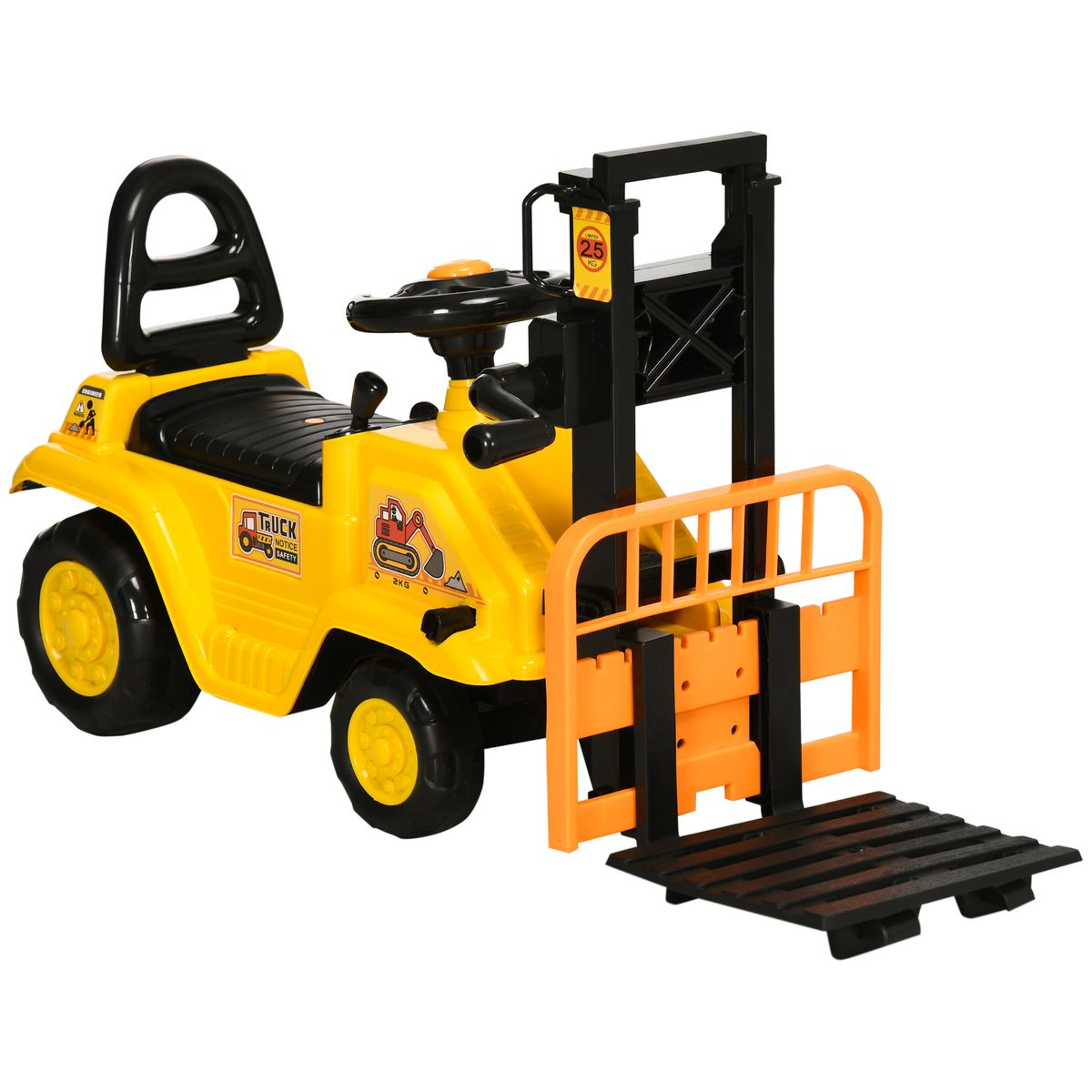 Tractor correpasillos Tuko Homcom con brazo móvil + 3A amarillo 47,5x86x27,5 cm fondo blanco