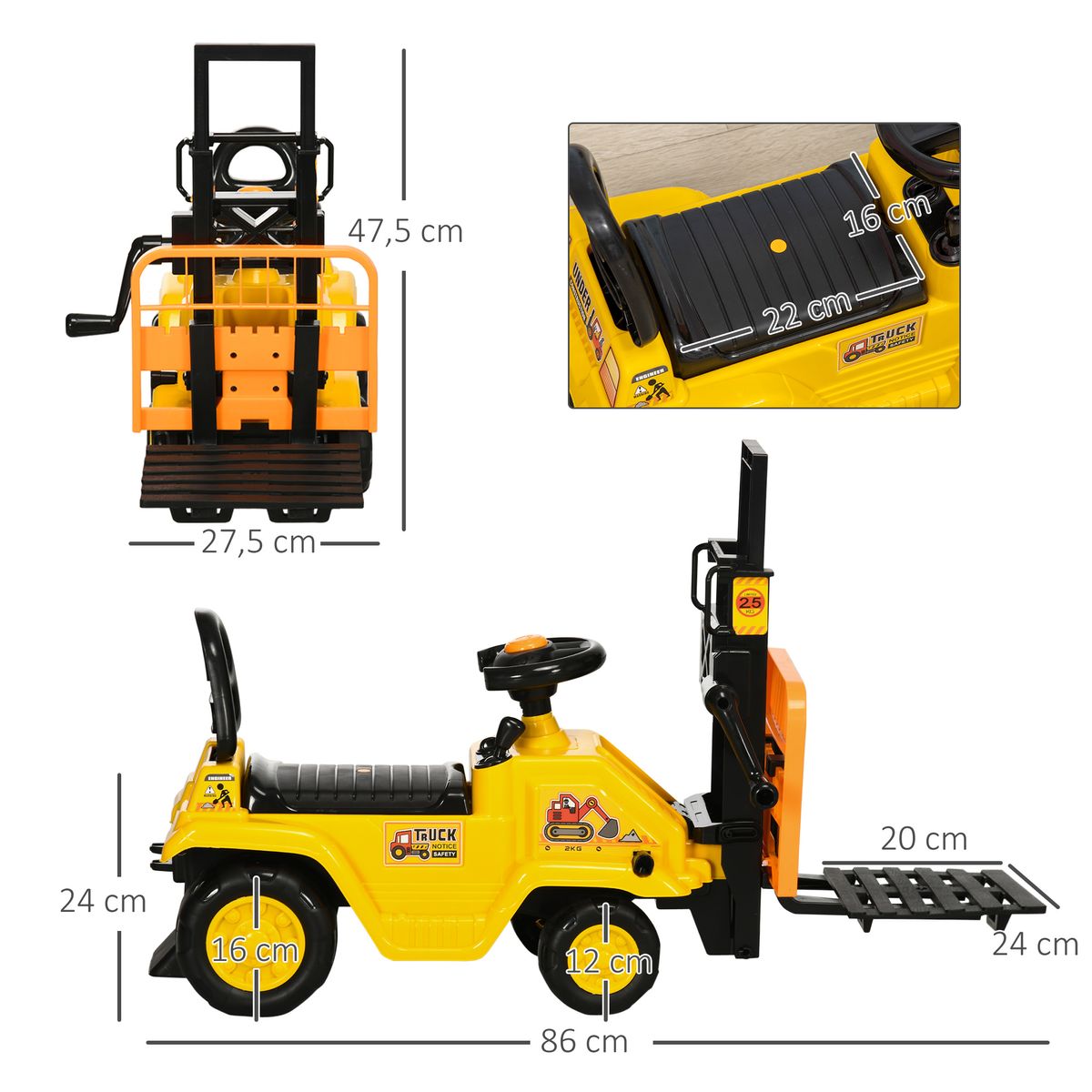 Tractor correpasillos Tuko Homcom con brazo móvil + 3A amarillo 47,5x86x27,5 cm medidas