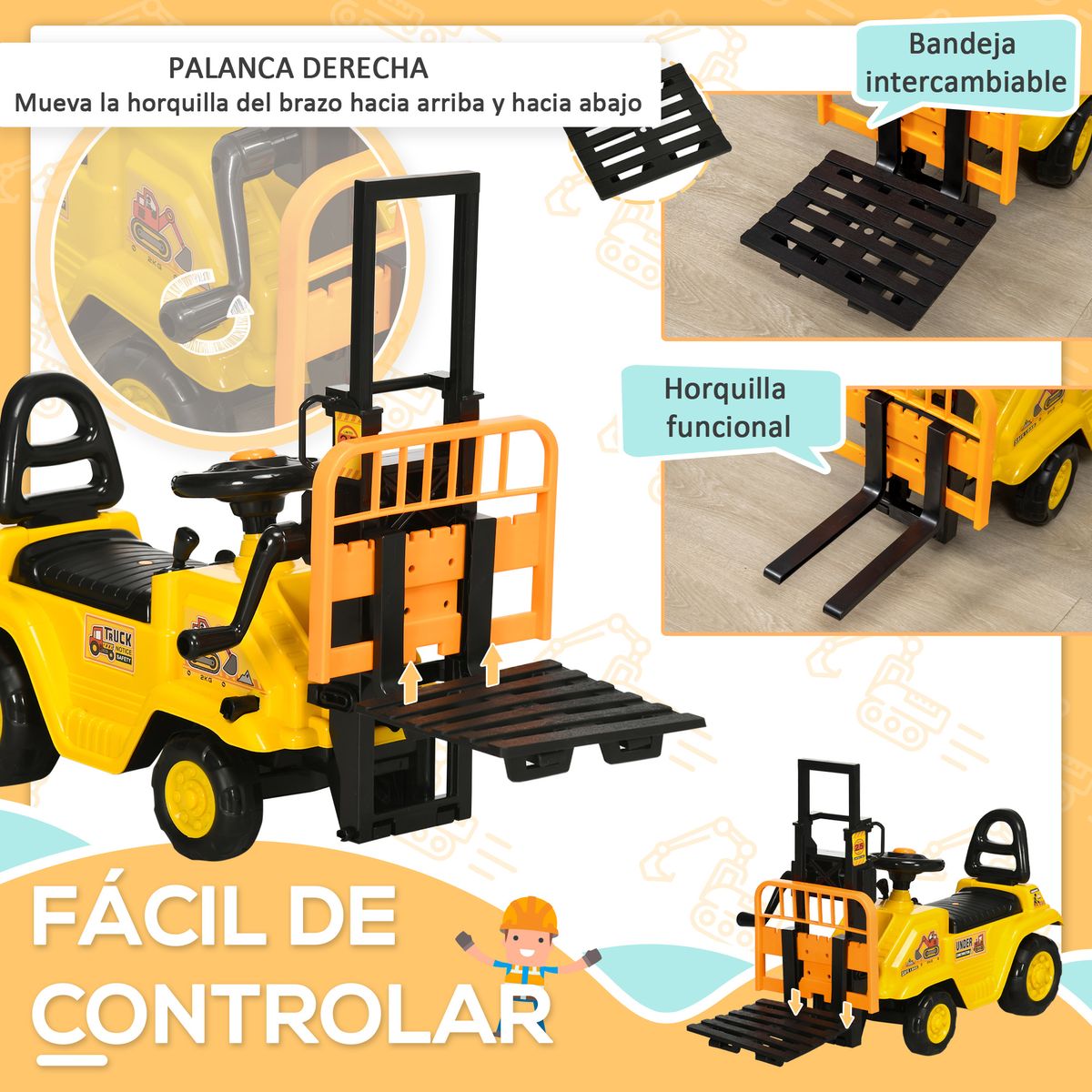 Tractor correpasillos Tuko Homcom con brazo móvil + 3A amarillo 47,5x86x27,5 cm web