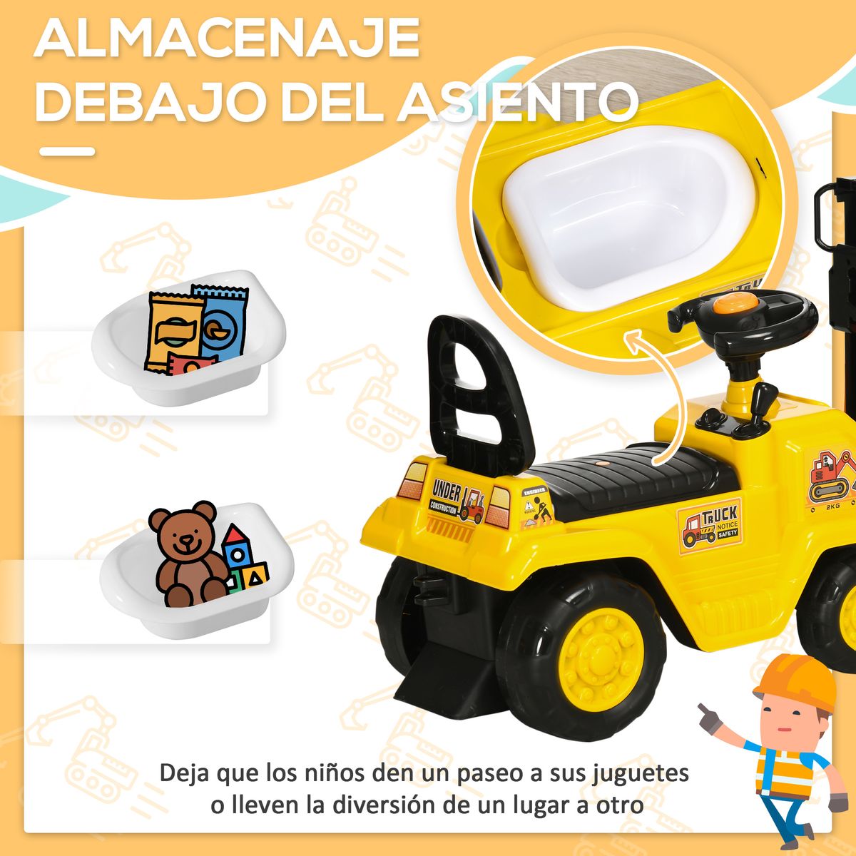 Tractor correpasillos Tuko Homcom con brazo móvil + 3A amarillo 47,5x86x27,5 cm