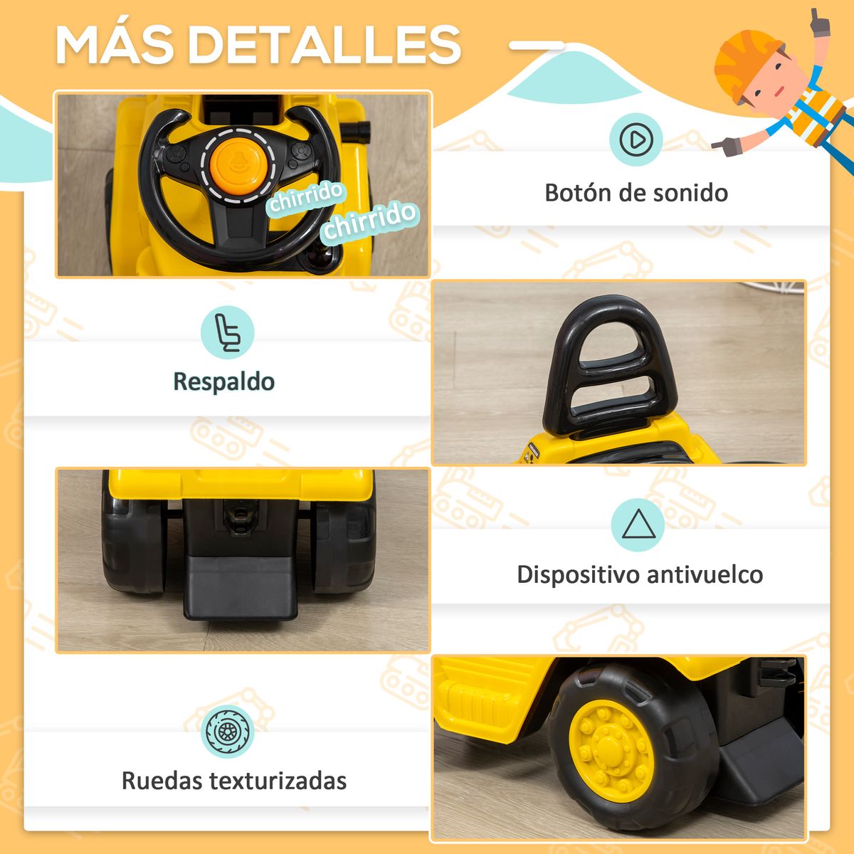 Tractor correpasillos Tuko Homcom con brazo móvil + 3A amarillo 47,5x86x27,5 cm
