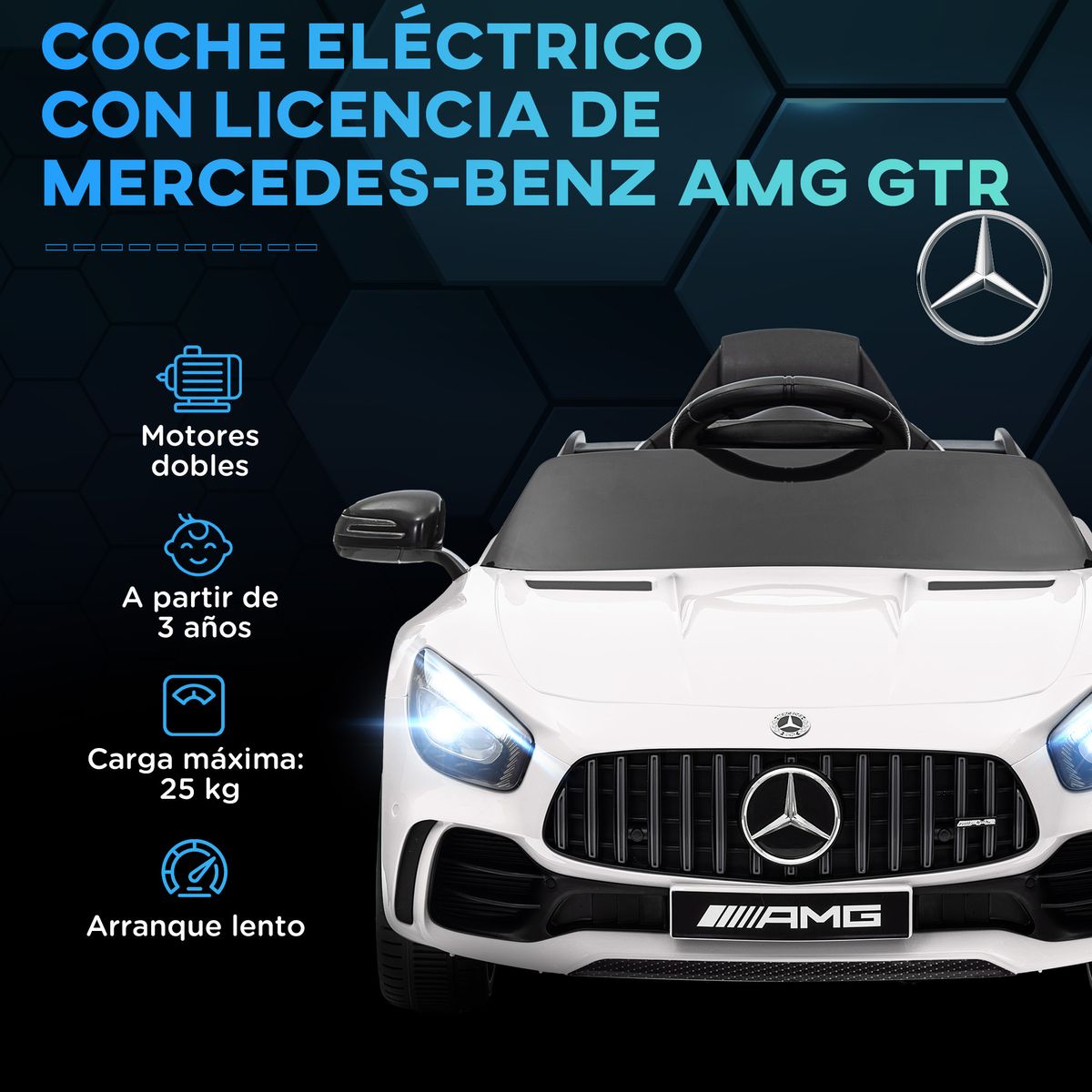 Cochecito eléctrico Mercedes-Benz AMG GTR mando a distancia + música +3A blanco frontal