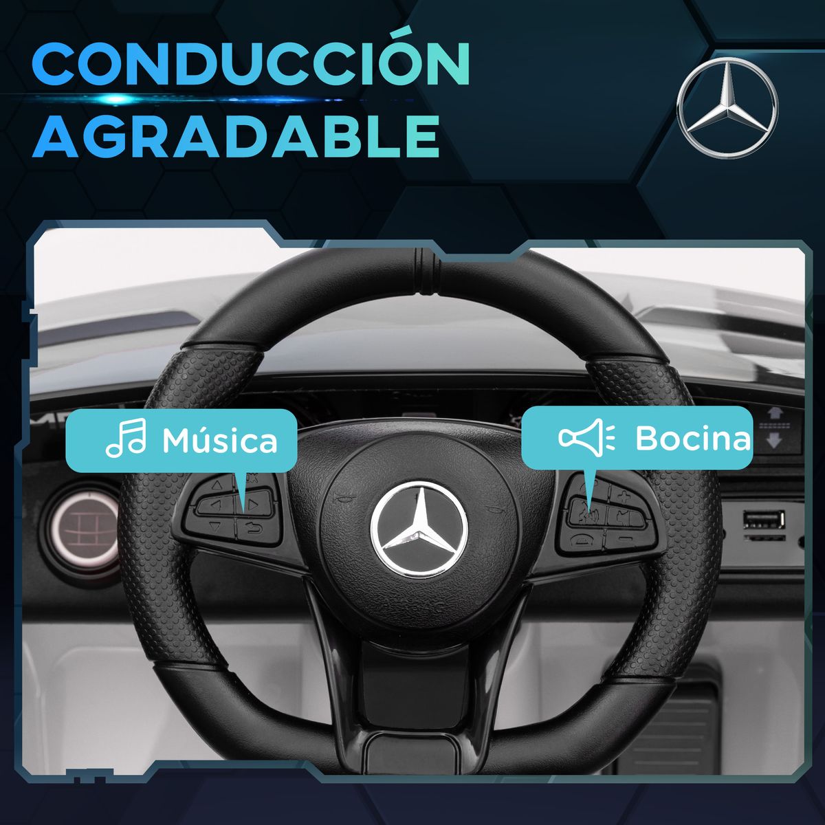 Cochecito eléctrico Mercedes-Benz AMG GTR mando a distancia + música +3A blanco volante