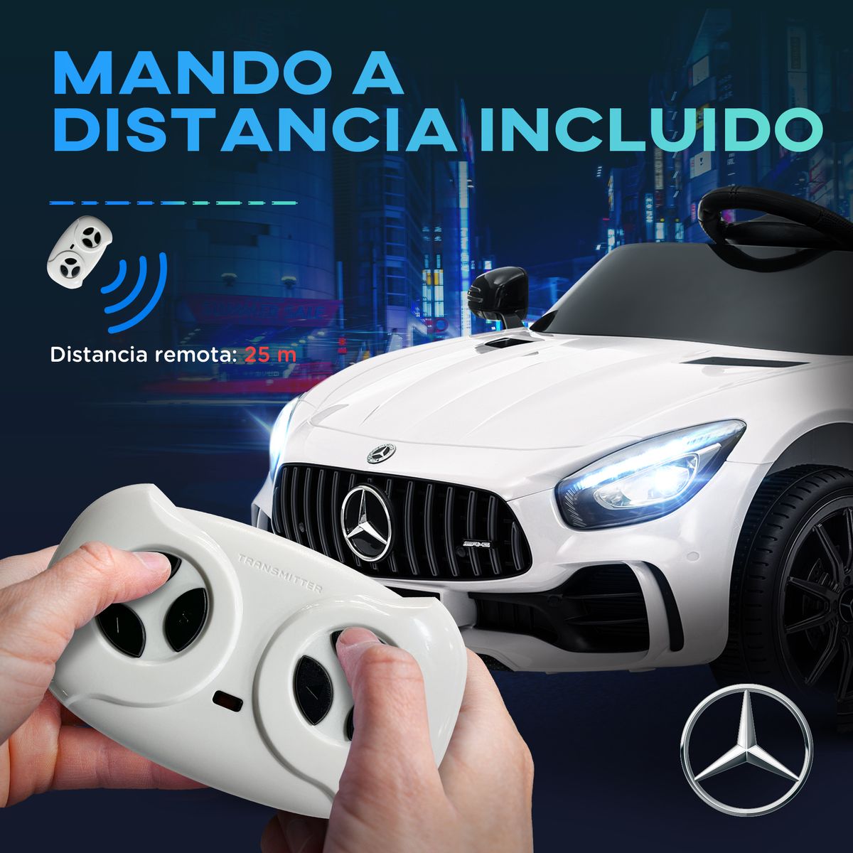 Cochecito eléctrico Mercedes-Benz AMG GTR mando a distancia + música +3A blanco mando a distancia