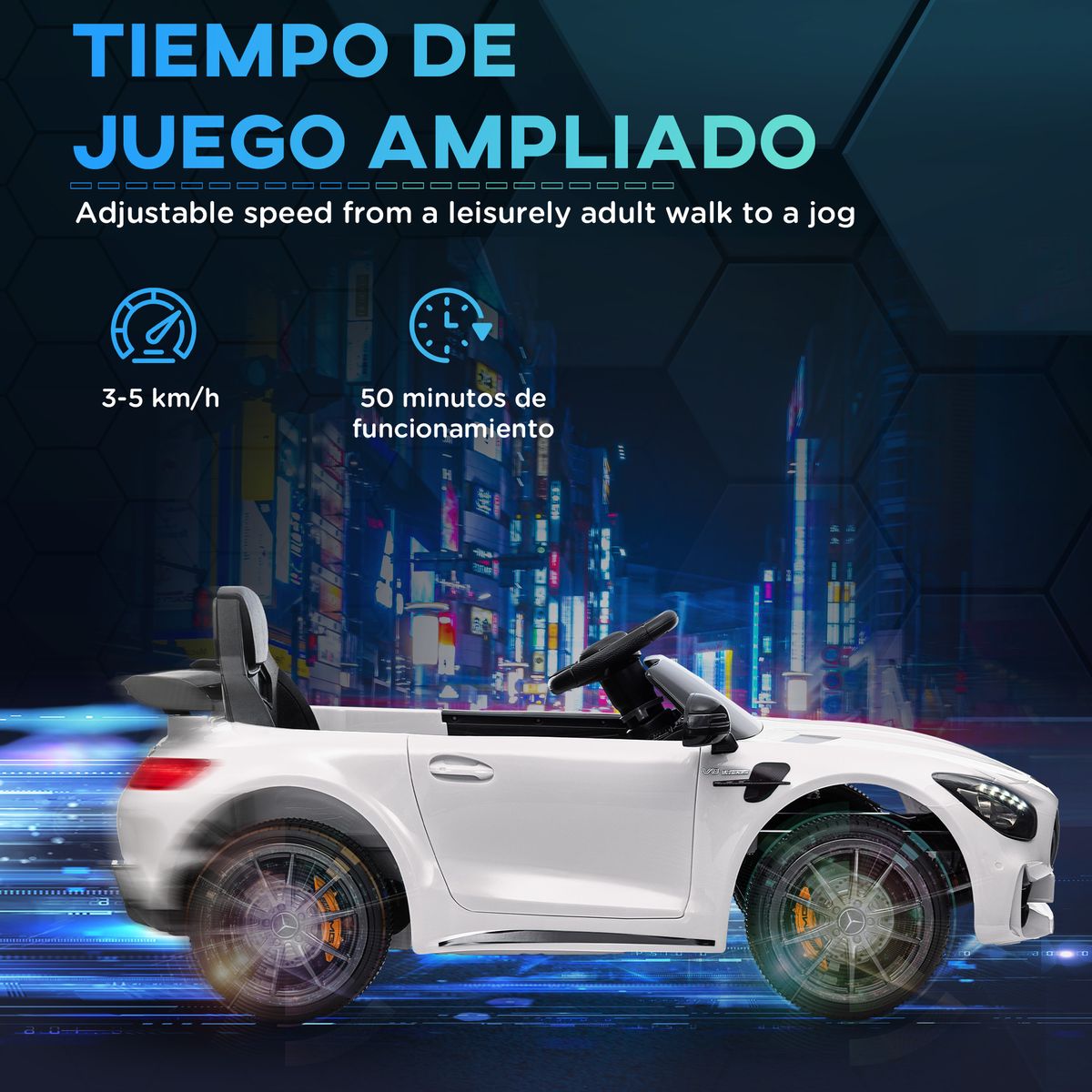 Cochecito eléctrico Mercedes-Benz AMG GTR mando a distancia + música +3A blanco