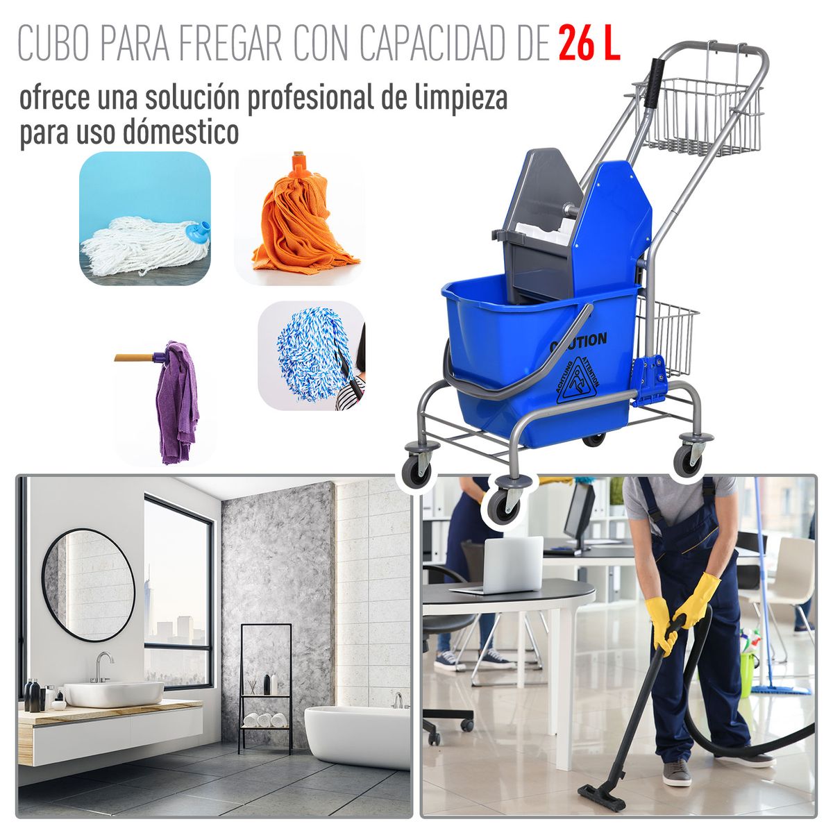 Cubo de fregar Homcom 26L con ruedas + cestas + escurridor a presión amarillo 95x73x45 cm