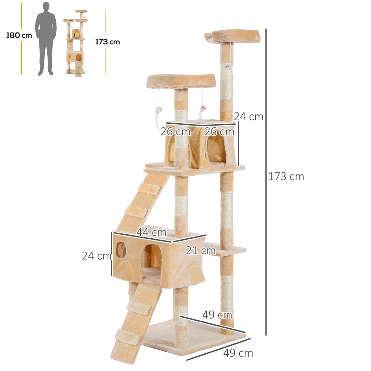 Árbol rascador Mieles PawHut para gatos grandes beige 173x49x49 cm medidas