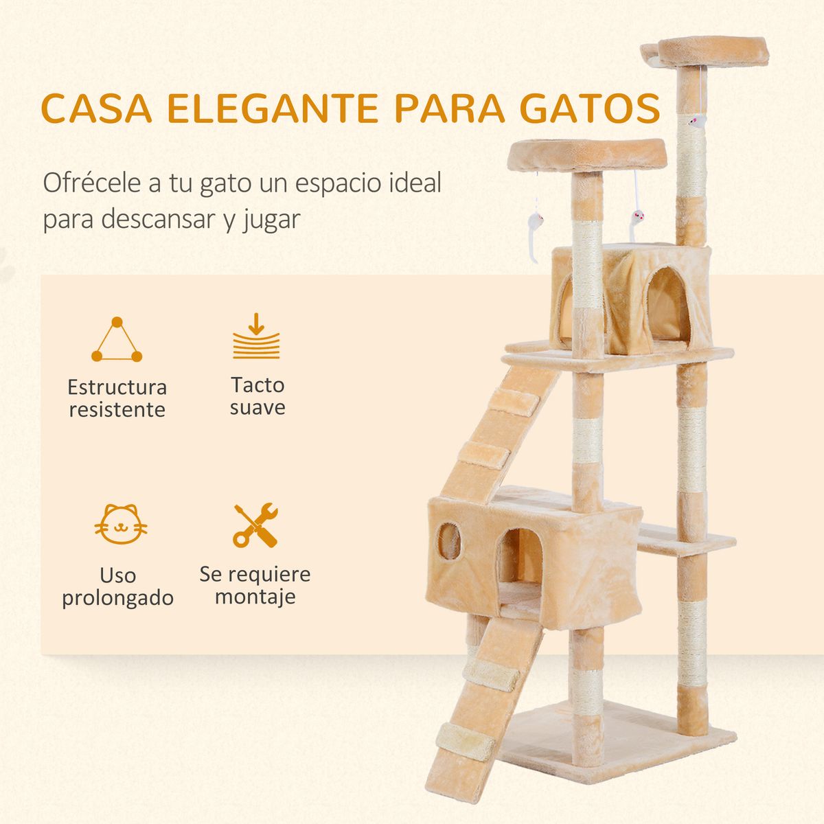 Árbol rascador Mieles PawHut para gatos grandes beige 173x49x49 cm
