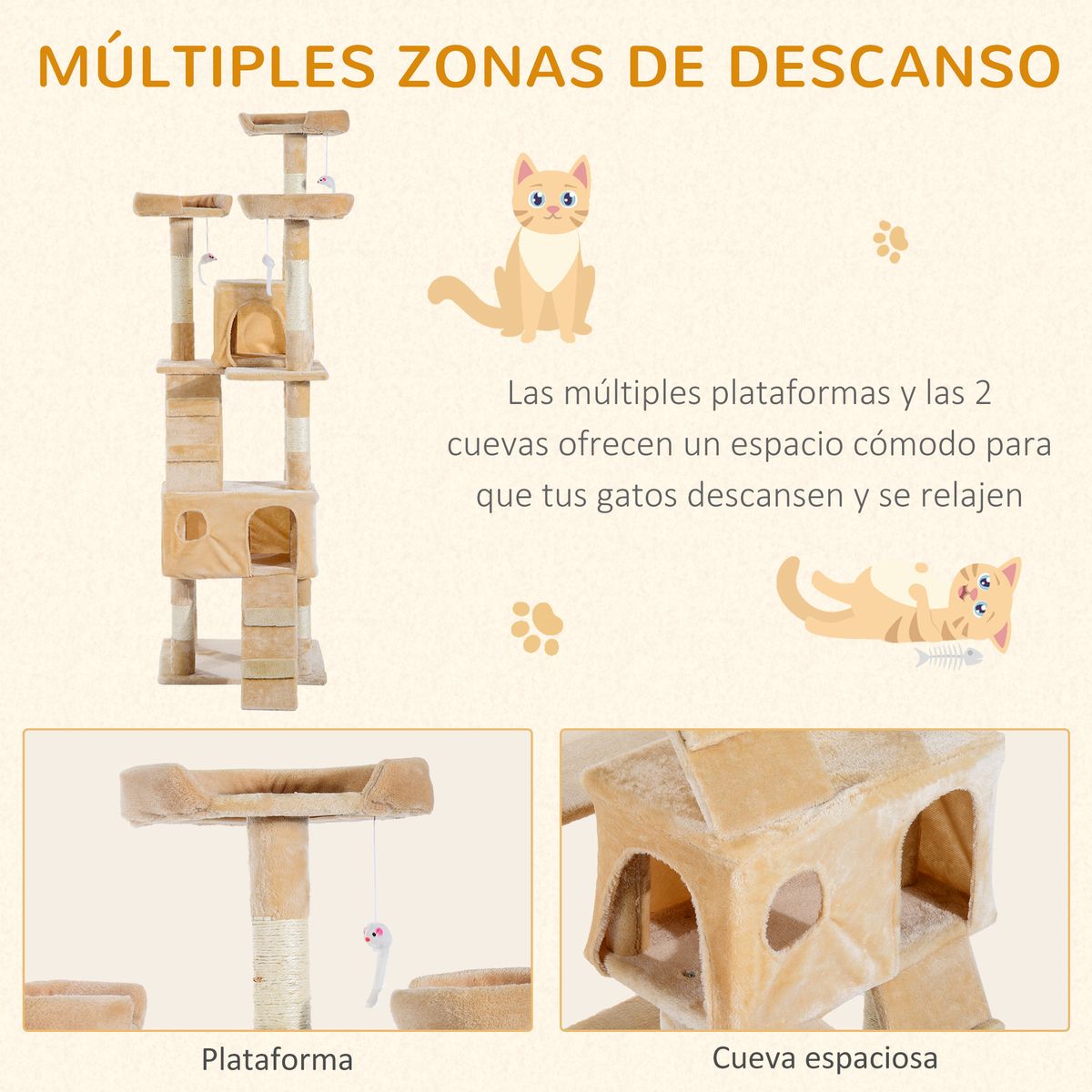 Árbol rascador Mieles PawHut para gatos grandes beige 173x49x49 cm