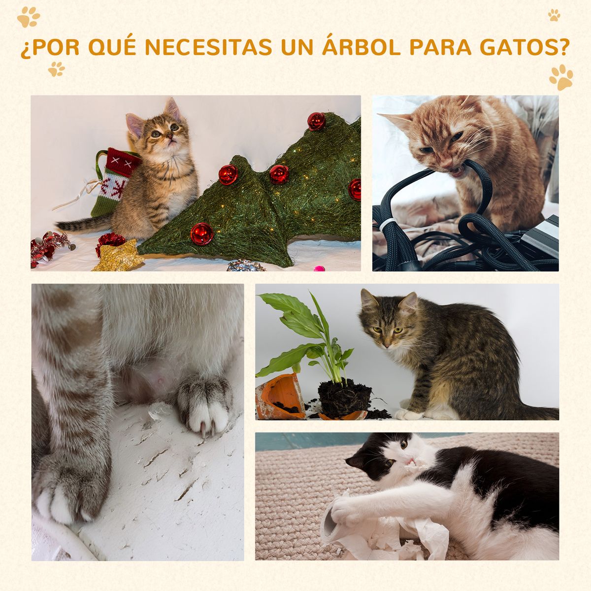 Árbol rascador Mieles PawHut para gatos grandes beige 173x49x49 cm