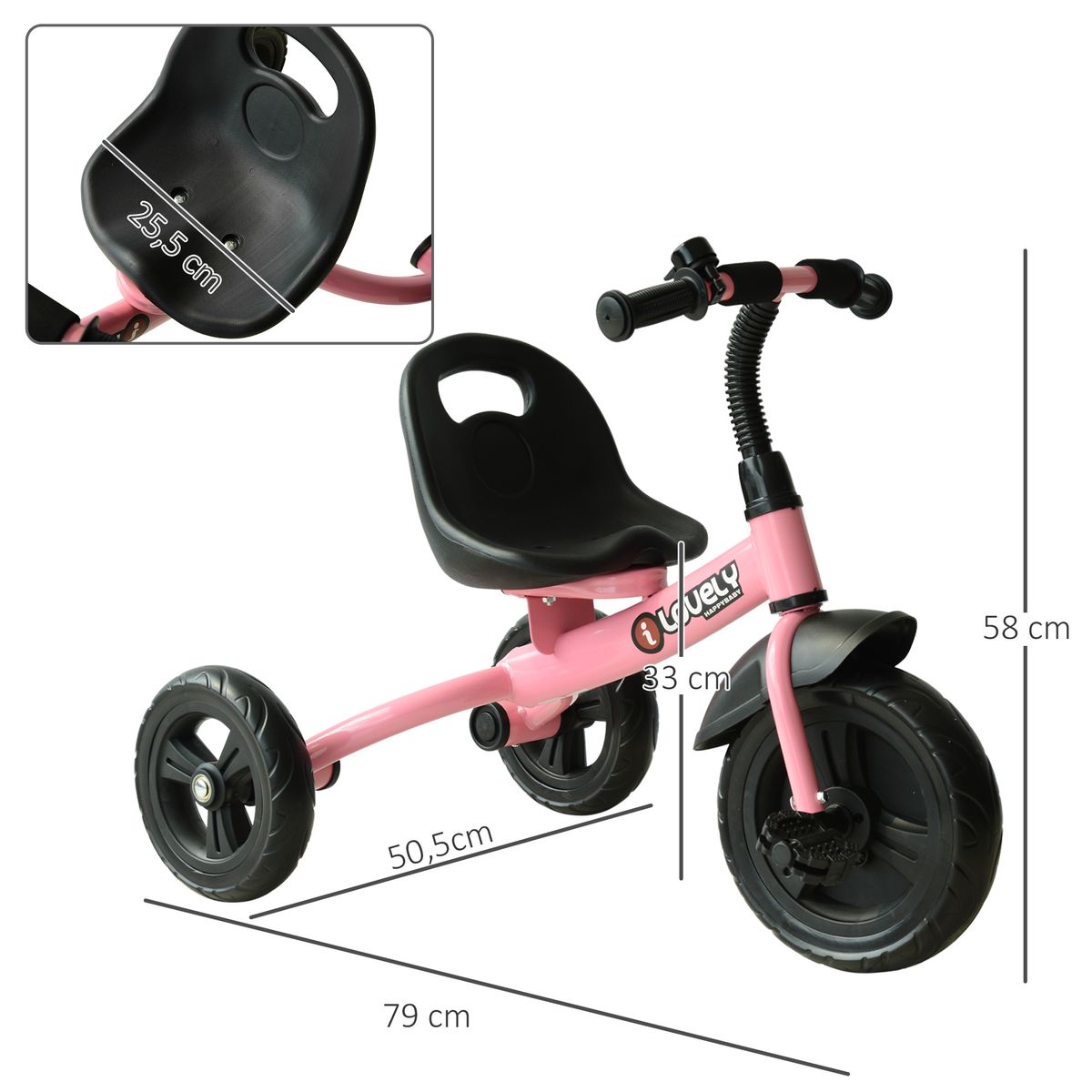 Triciclo Lovely Homcom con timbre +18 meses rosa 58x79x50,5 cm medidas