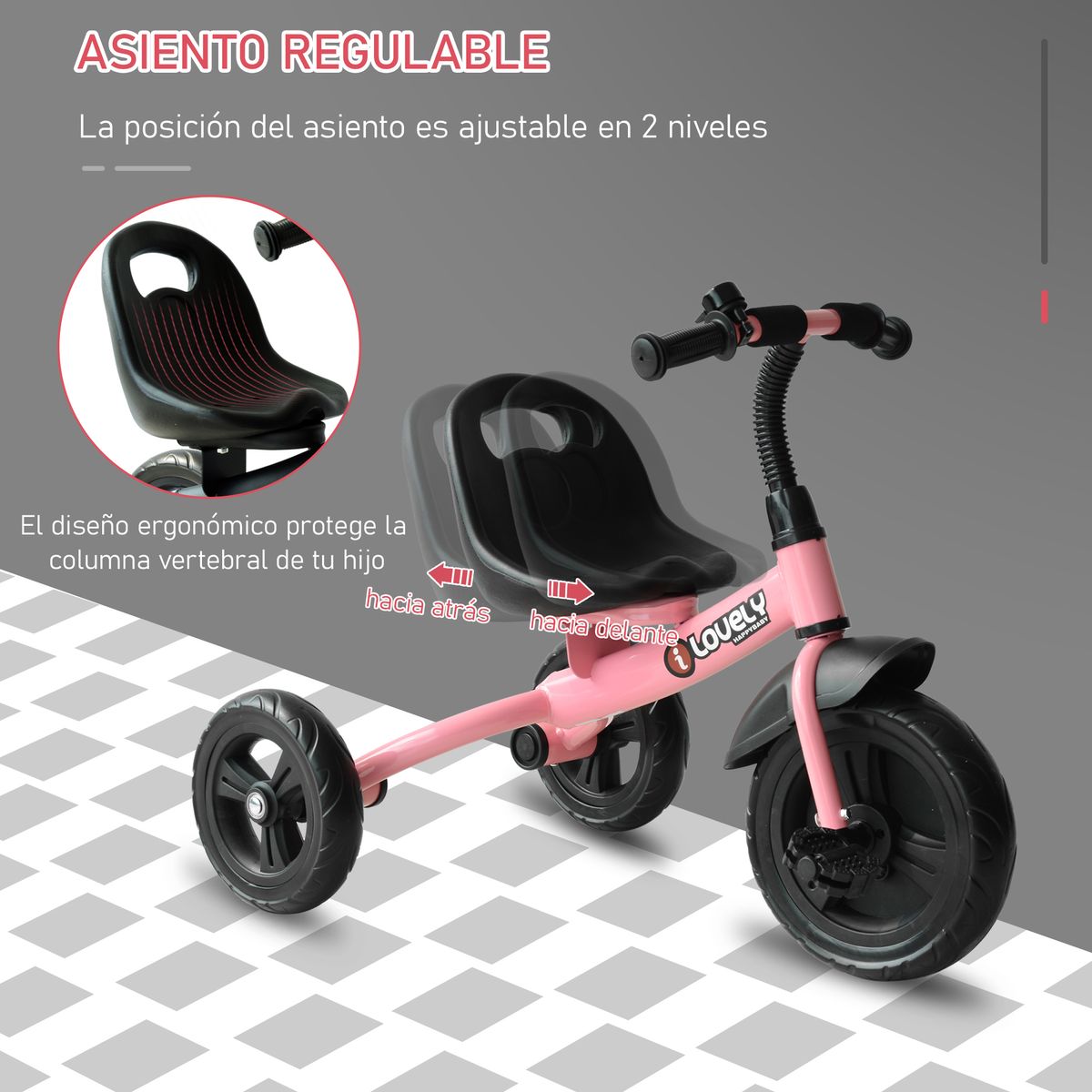 Triciclo Lovely Homcom con timbre +18 meses rosa 58x79x50,5 cm lateral