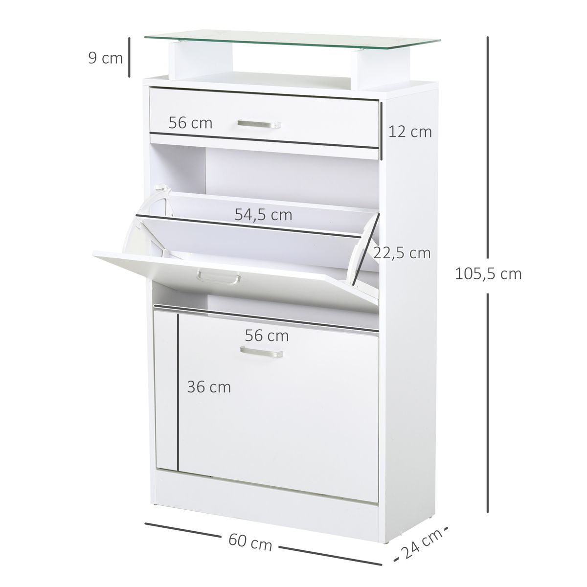 Zapatero Tarsia Homcom 3 cajones + estante blanco 105,5x60x24 cm