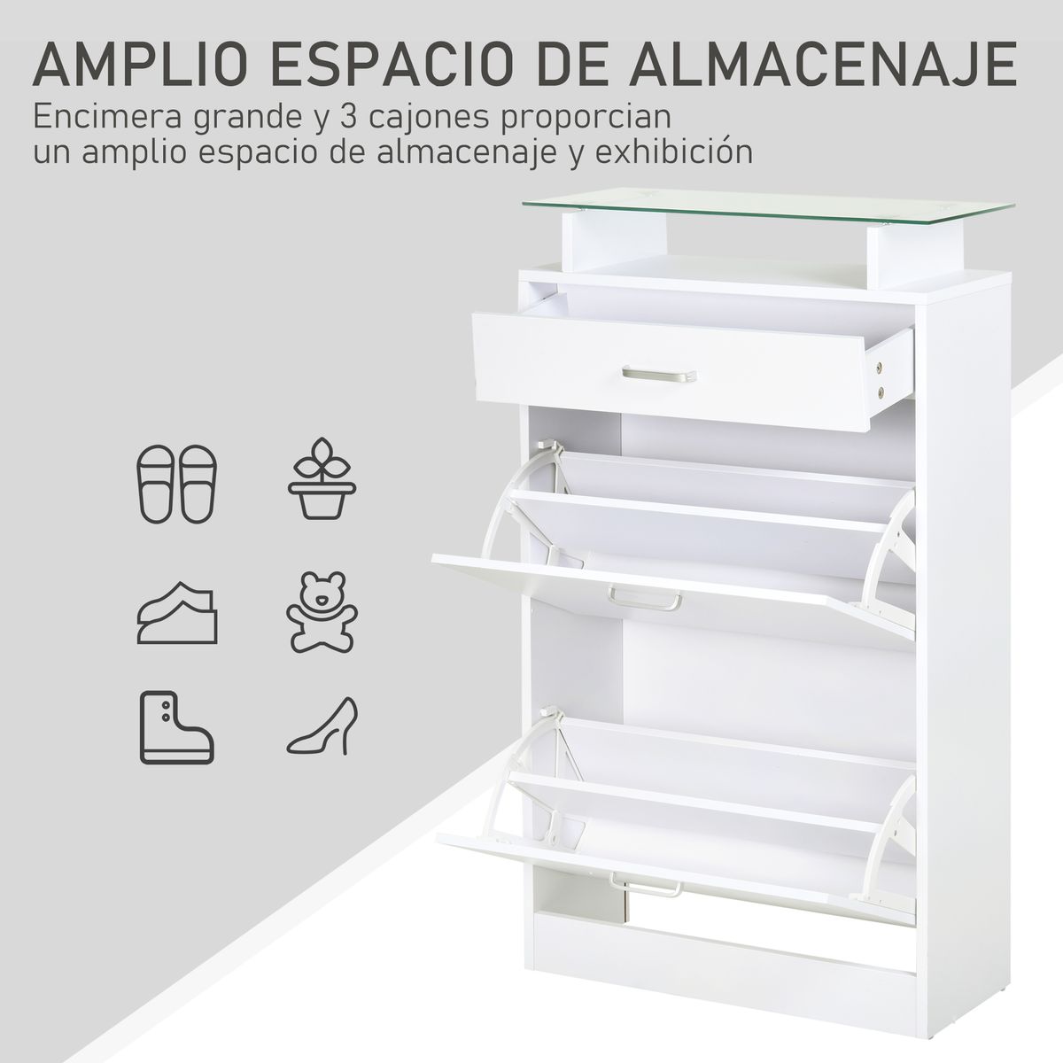 Zapatero Tarsia Homcom 3 cajones + estante blanco 105,5x60x24 cm