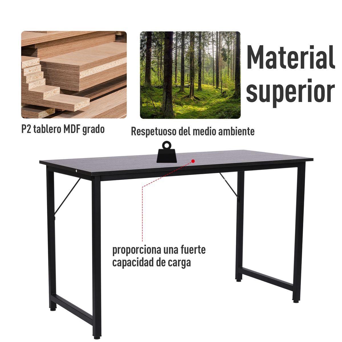 Escritorio Polo Homcom pies ajustables negro 73x120x60 cm