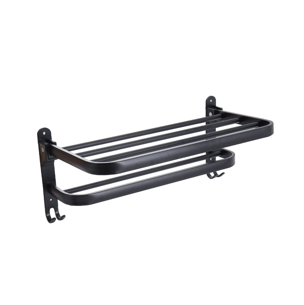 Toallero para baño con estante + 2 barras + 2 ganchos negro 17x40x21 cm fondo blanco
