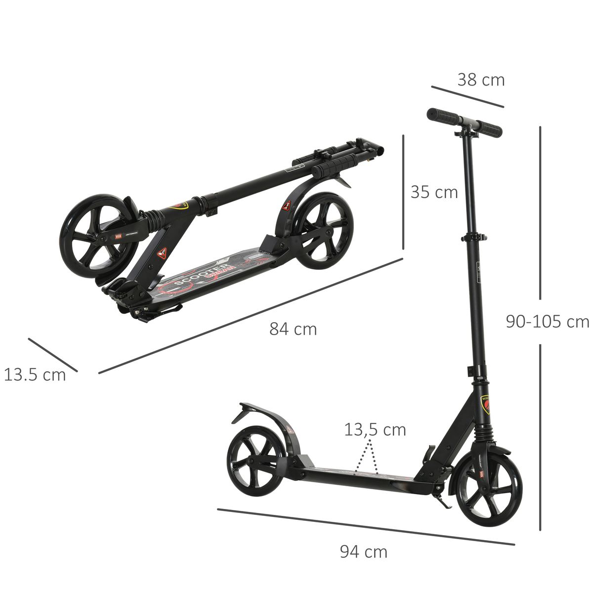 Patinete scooter Homcom plegable altura ajustbale +14 años negro 90-105x94x38 cm medidas