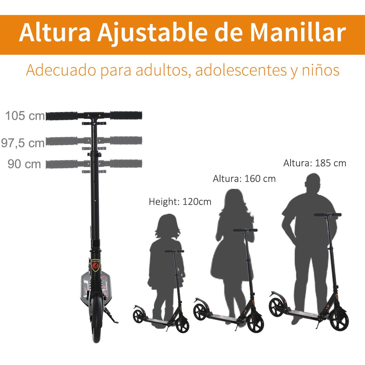 Patinete scooter Homcom plegable altura ajustbale +14 años negro 90-105x94x38 cm