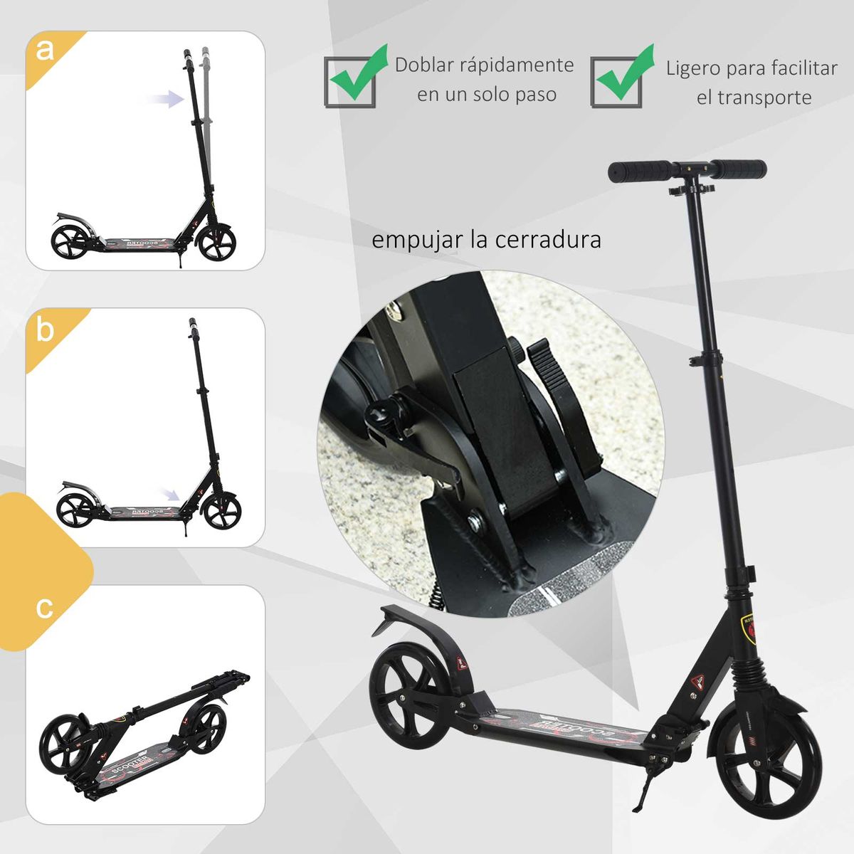 Patinete scooter Homcom plegable altura ajustbale +14 años negro 90-105x94x38 cm