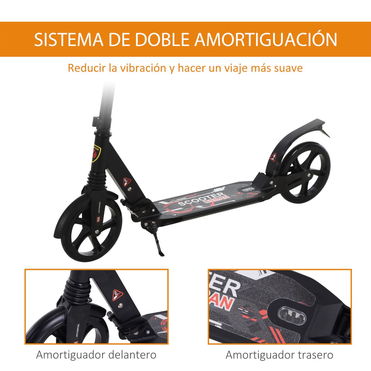 Patinete scooter Homcom plegable altura ajustbale +14 años negro 90-105x94x38 cm