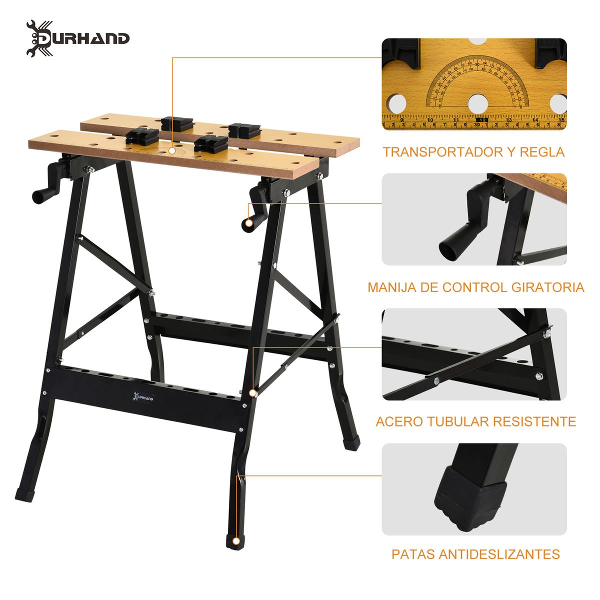 Banco de trabajo plegable Durhand 4 abrazaderas natural/negro 75x56x62 cm