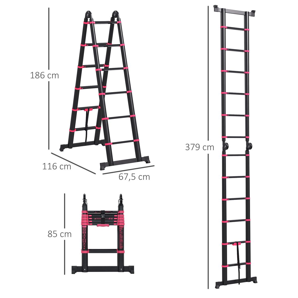 Escalera de trabajo Homcom plegable 12 escalones 2 formas negro/rojo 379x67,5x11 cm medidas
