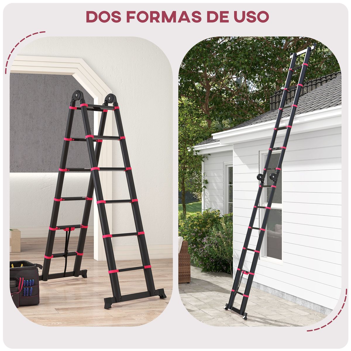 Escalera de trabajo Homcom plegable 12 escalones 2 formas negro/rojo 379x67,5x11 cm web