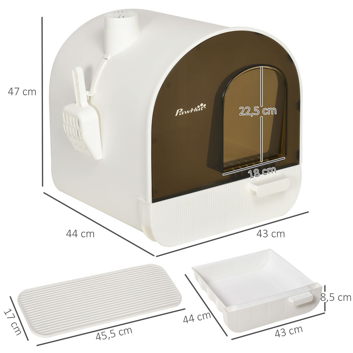 Arenero para gatos Mawi PawHut bandeja extraíble + filtros blanco 47x43x44 cm