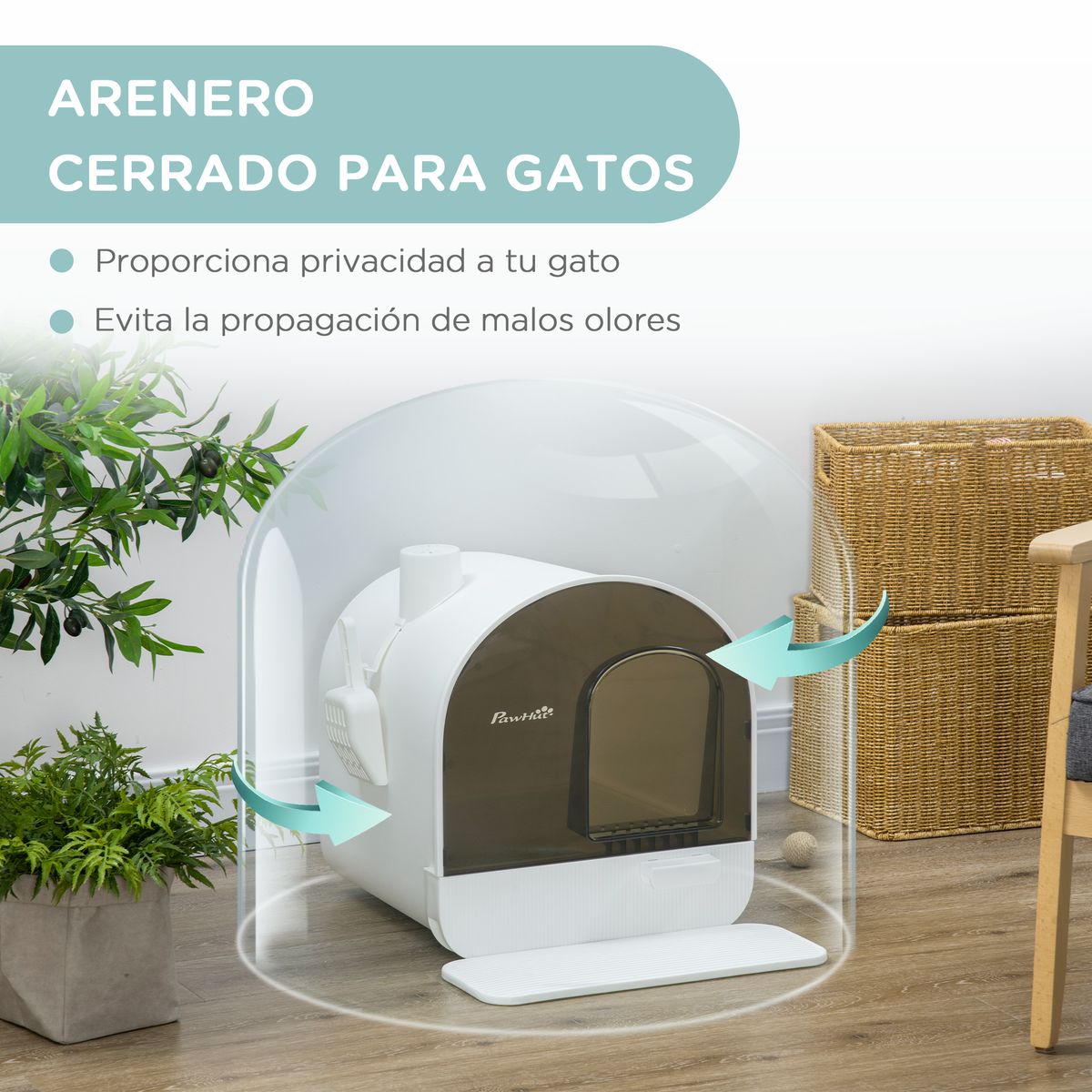 Arenero para gatos Mawi PawHut bandeja extraíble + filtros blanco 47x43x44 cm